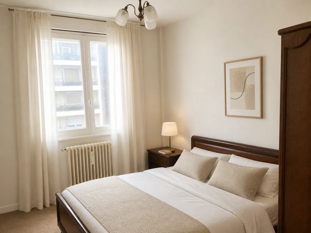 La même chambre redécorée par IA : literie façon hôtel, teintes claires, chevet dégagé