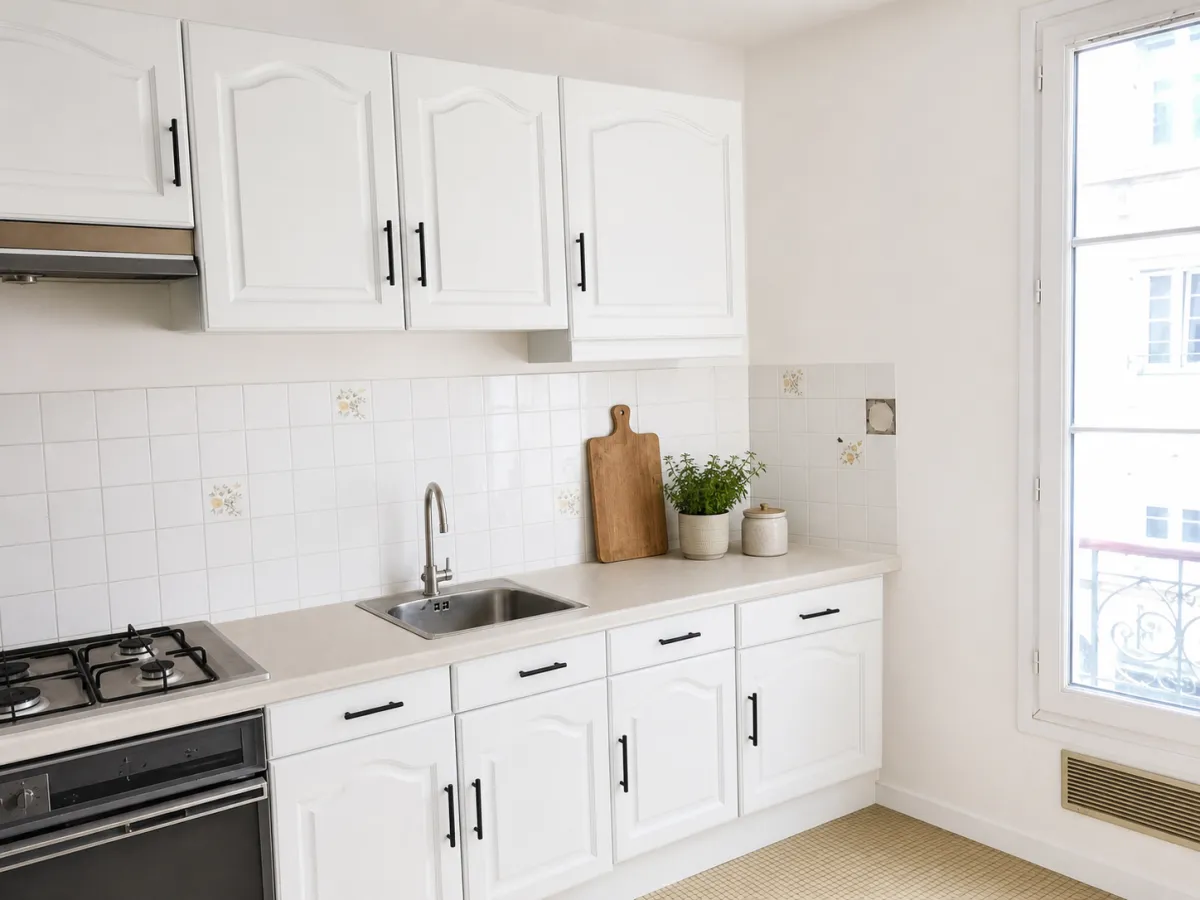 La même cuisine après relooking virtuel : façades repeintes en blanc mat, poignées noires, plan de travail dégagé