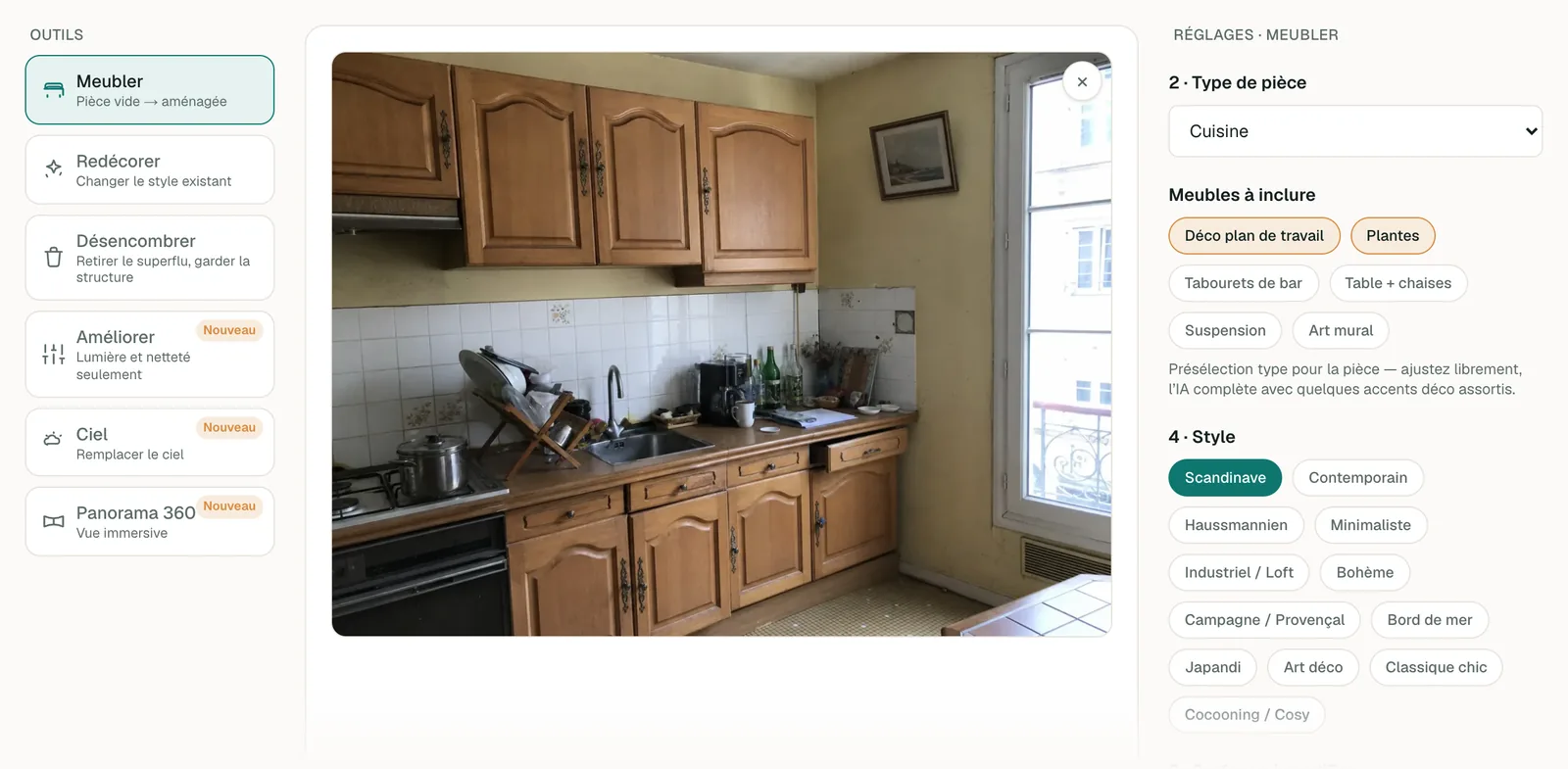 Éditeur roompano : photo d'une cuisine importée, outil Meubler choisi parmi six, type de pièce, meubles sélectionnés et style