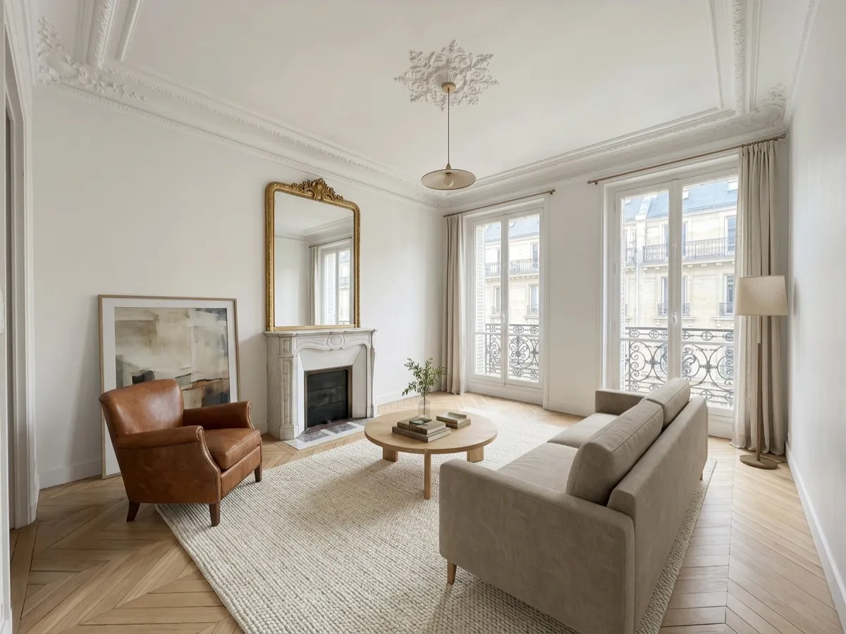 Le même salon après home staging virtuel par IA : meublé, murs repeints, avec mention mise en scène virtuelle